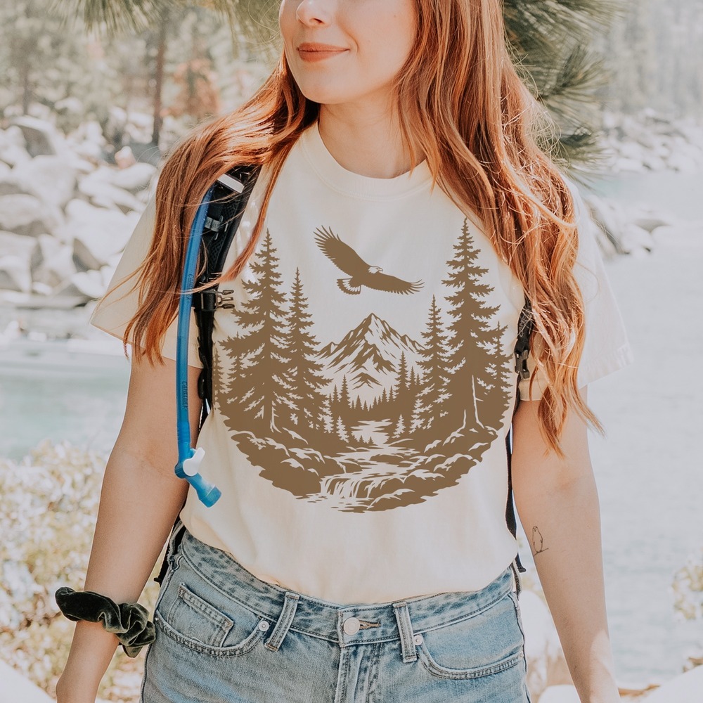 Eagle Soaring Over Mountain Wilderness Circular Vignette Tee